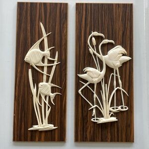 Vintage Carved Bakelite Flamingo - Fish Wood Wall Plaques. Made in West Germany.